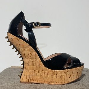 Betsy Johnson platform wedge patent leather studded cheetah biker punk rock